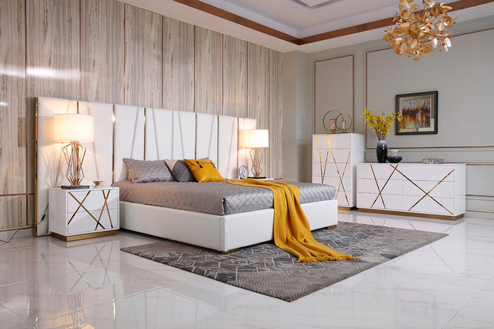 Nixa Modern White Bonded Leather &amp; Gold Bed