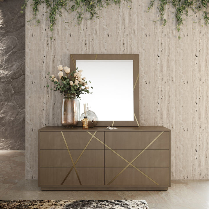 Nixa - Modern Beige Velvet + Brushed Bronze + Birch 4-Piece Bedroom Set