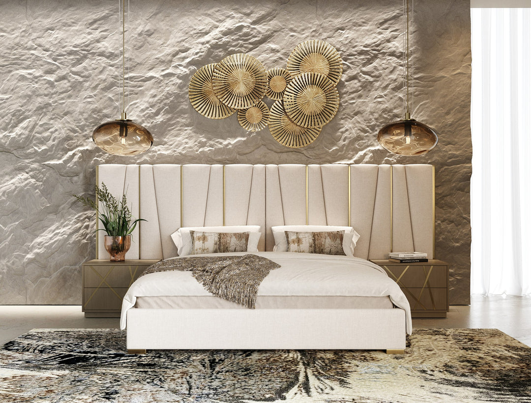 Nixa - Modern Beige Velvet + Brushed Bronze + Birch Bedroom Set