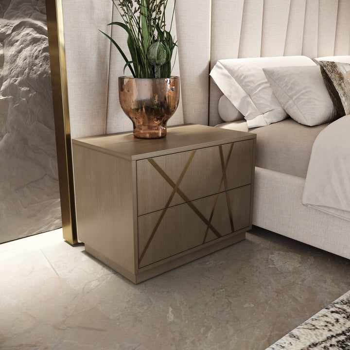 Nixa  Modern Beige Velvet + Brushed Bronze Bed + Birch Nightstands
