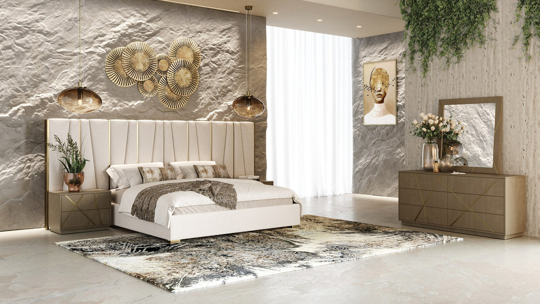 Eastern King Nixa - Modern Beige Velvet + Brushed Bronze + Birch 4-Piece Bedroom Set