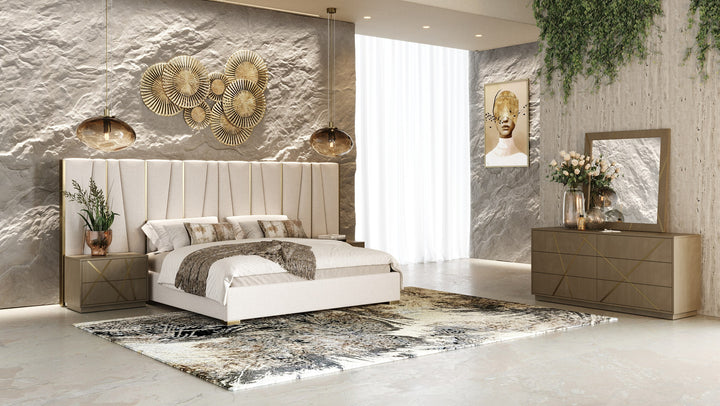 Nixa - Modern Beige Velvet + Brushed Bronze + Birch Bedroom Set
