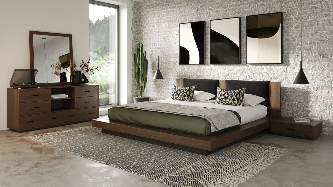 Fantasia - Dark Walnut/Dark Grey Bed and Two Nightstands