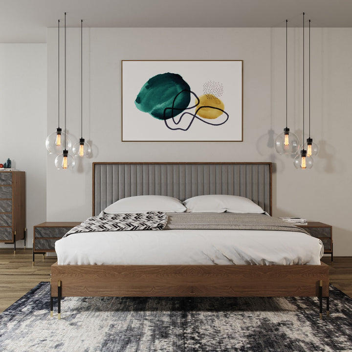Metcalf - Mid-Century Walnut &amp; Grey Bed w/ Two Nightstands
