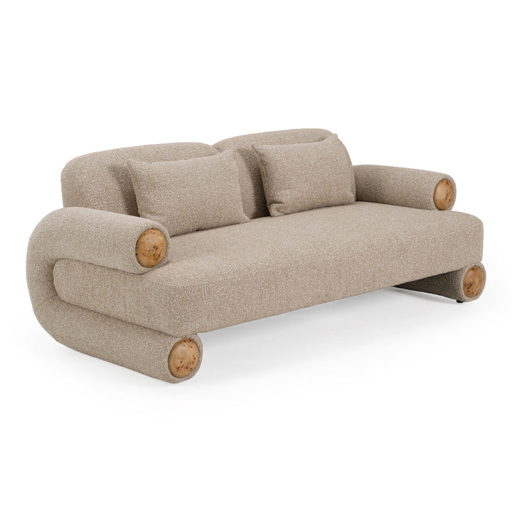Odette - Modern Beige Fabric + White Burl Loveseat Sofa