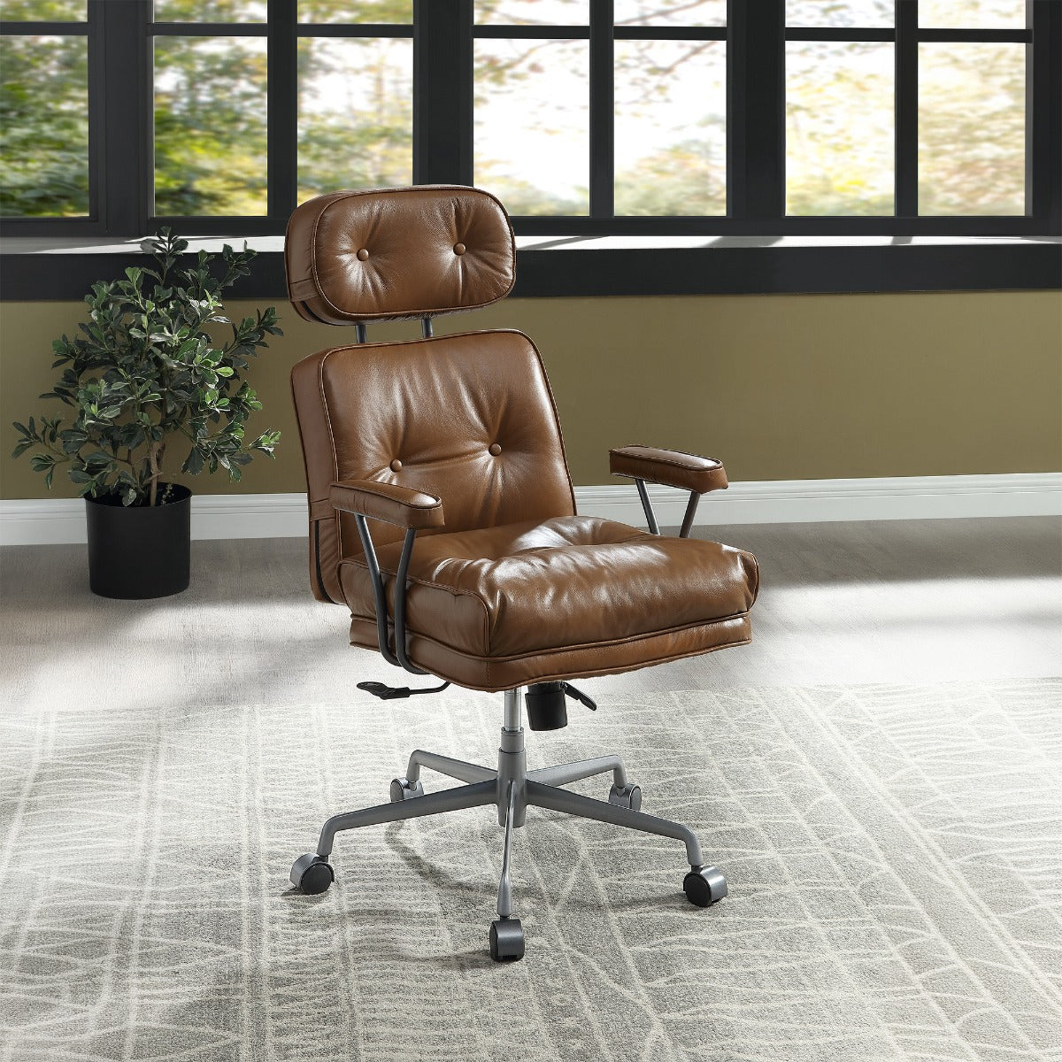 Dasya Swivel Office Chair - Brown Top Grain Leather & Iron