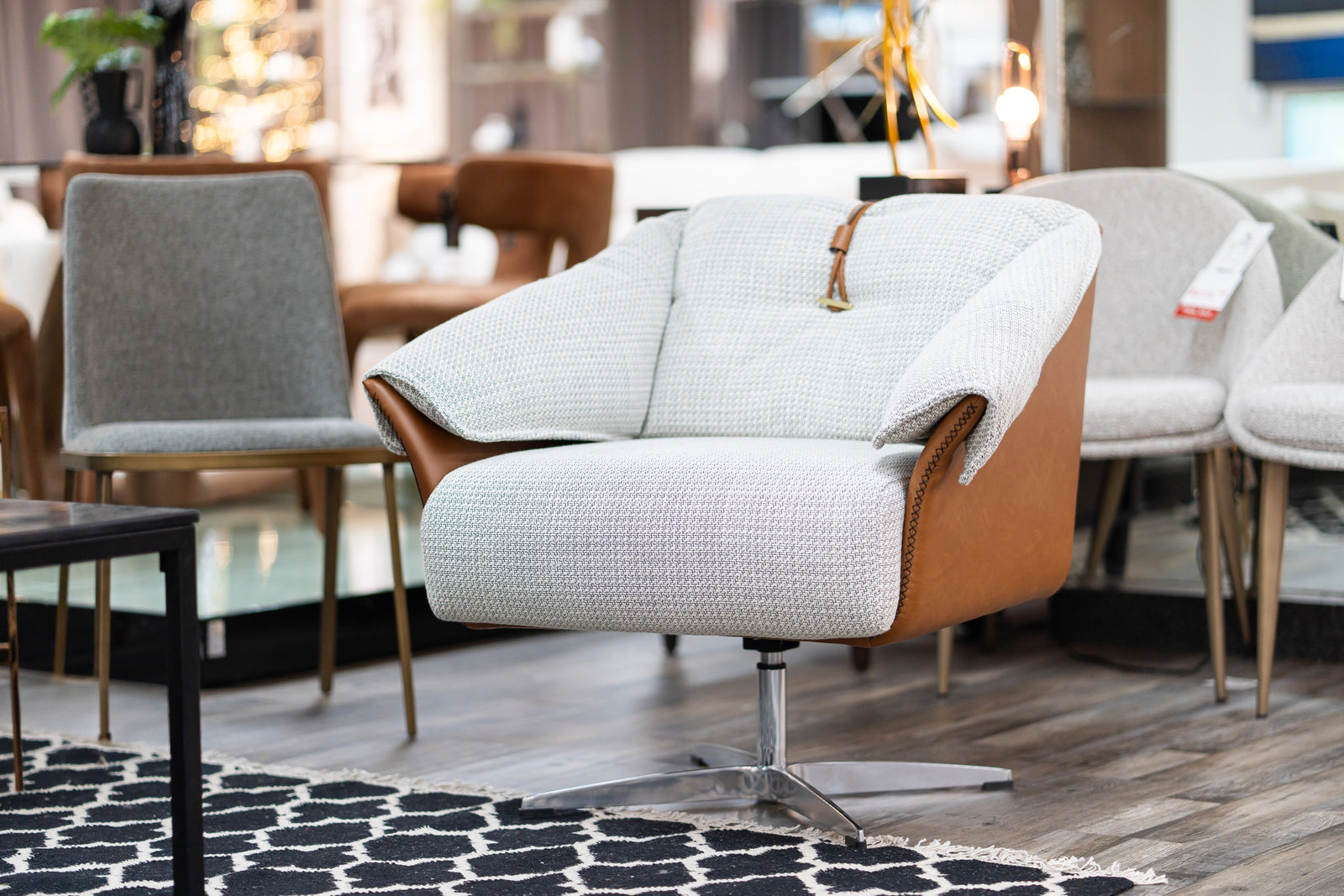 Ohio - Swivel Grey and Camel Fabric Accent Chair - View 3