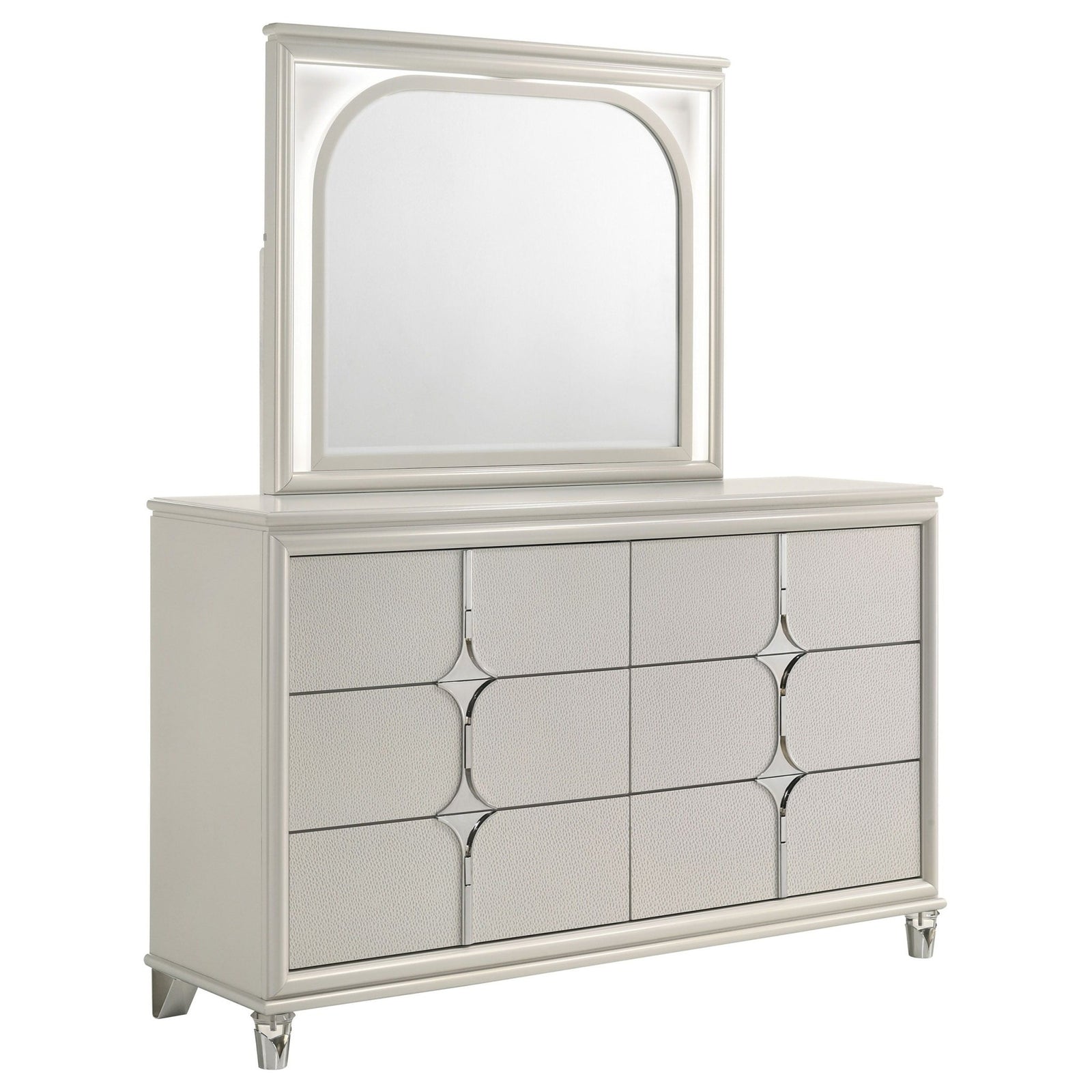 Olivia - 6 - Drawer Dresser And LED Mirror - Pearl White Dresser & Mirror modern furniture Contempo Furniture