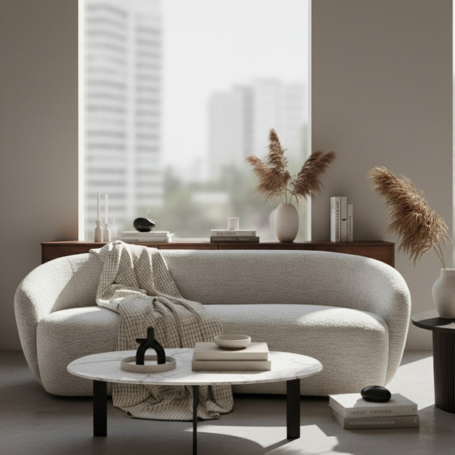 Modern beige sofa in a minimalistic living room with large windows.