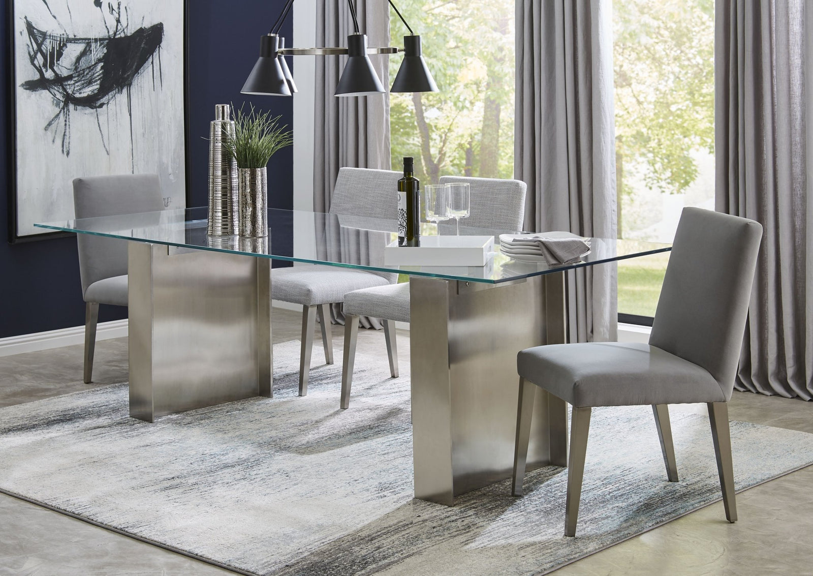 Omnia 84 inch Rectangular Dining Table Ultra Clear Glass and brushed Stainless Steel Table modern furniture Contempo Furniture