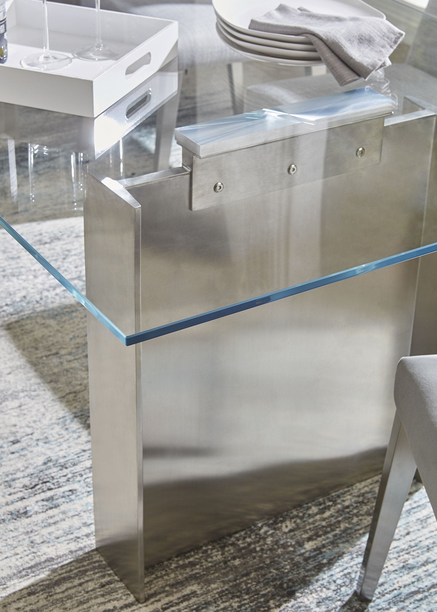 Omnia 84 inch Rectangular Dining Table Ultra Clear Glass and brushed Stainless Steel Table modern furniture Contempo Furniture