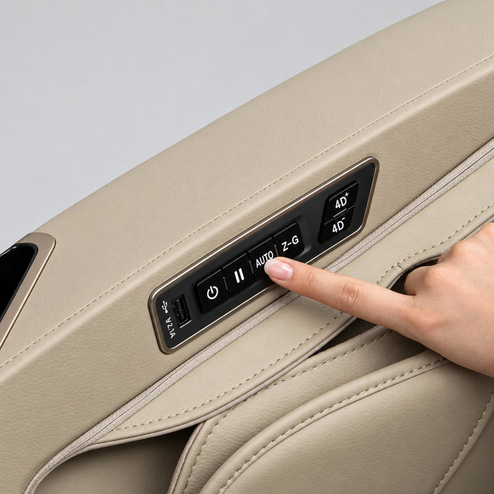 User adjusting core settings via the intuitive built-in armrest quick controller.