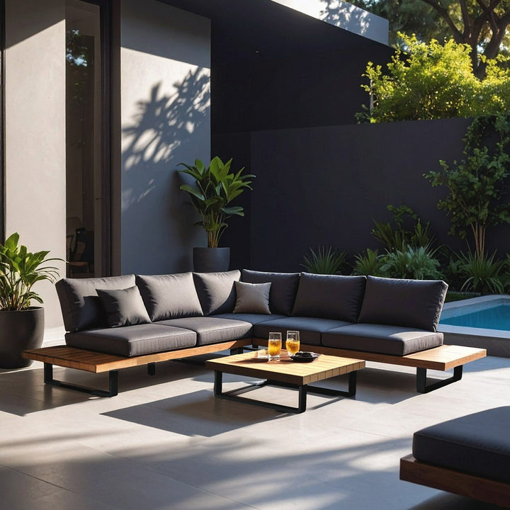 Skaros - Outdoor Grey Olefin Fabric + Eucalyptus Sectional Sofa + Coffee Table Set