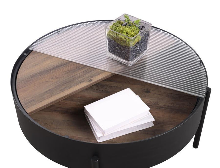 Ozella - Round Coffee Table With Hidden Storage Sandy - Black Coffee Table modern furniture Contempo Furniture