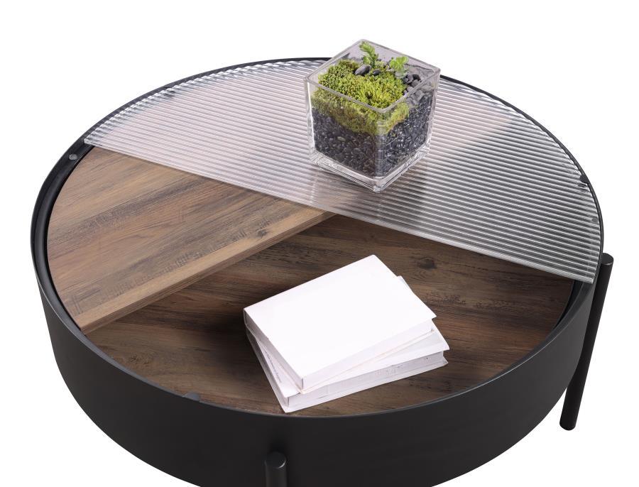 Ozella - Round Coffee Table With Hidden Storage Sandy - Black Coffee Table modern furniture Contempo Furniture