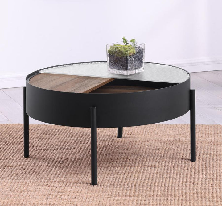 Ozella - Round Coffee Table With Hidden Storage Sandy - Black Coffee Table modern furniture Contempo Furniture