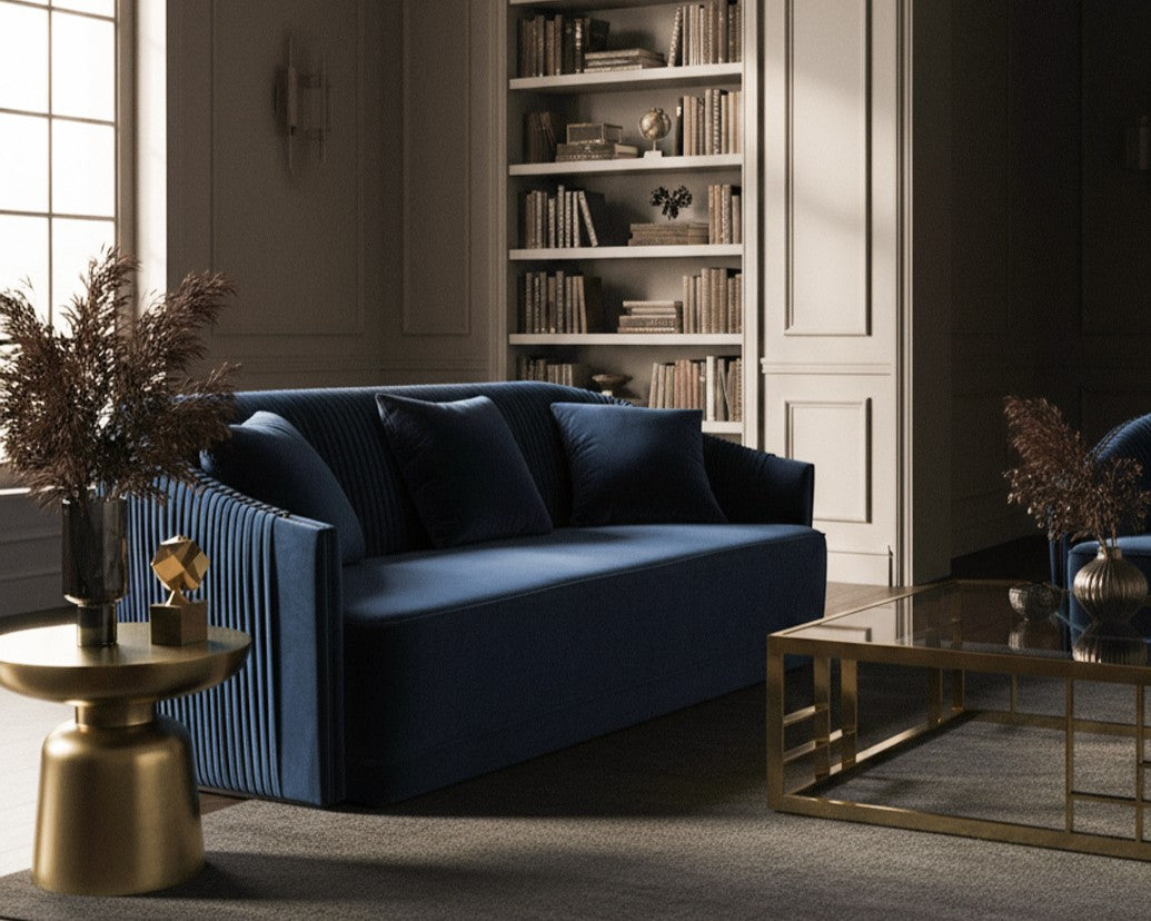 Palomar Modern Blue Velvet  and  Brass Sofa
