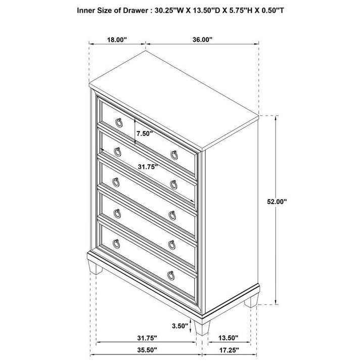 Pembroke - 5 - Drawer Chest Of Drawers - Washed Oak Accent Chest modern furniture Contempo Furniture