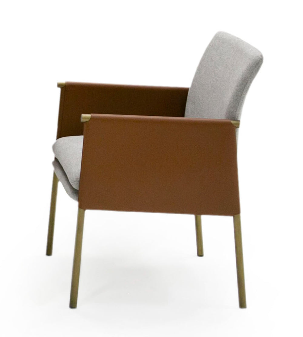 Pettit - Modern Light Grey/ Camel and Brass Arm Dining Chair - View 2