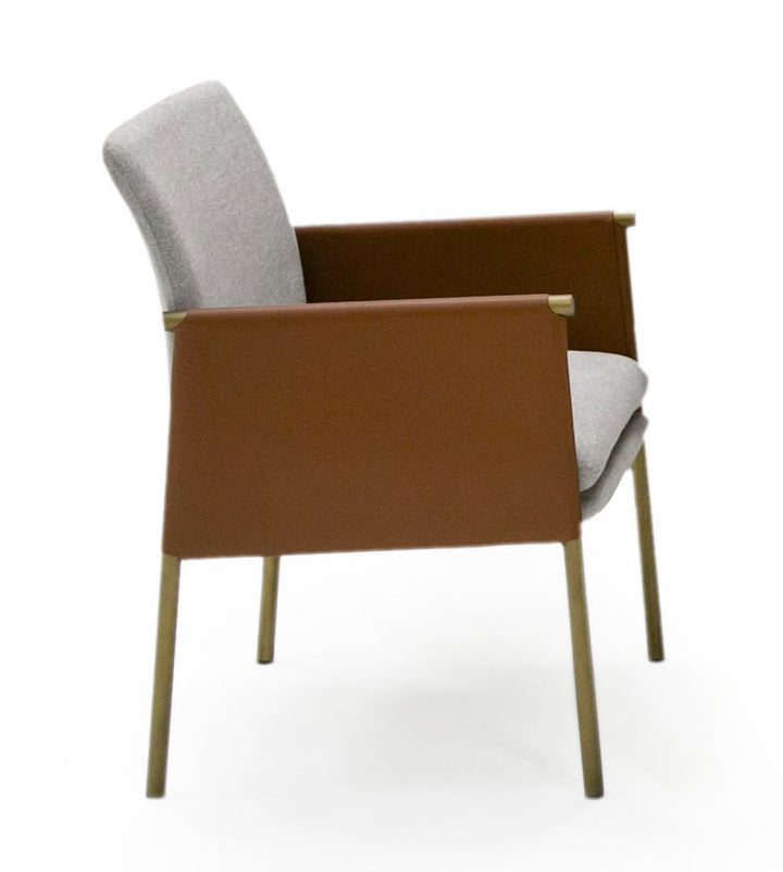 Pettit - Modern Light Grey/ Camel and Brass Arm Dining Chair