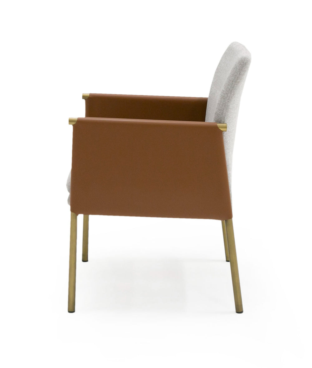 Pettit - Modern Light Grey/ Camel and Brass Arm Dining Chair - View 3