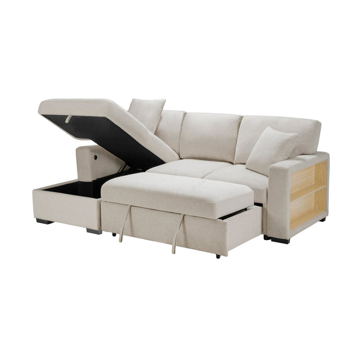 Pompano Sleeper Sectional with Left Chaise, Pull - Out Bed, Storage &amp; USB Charging – Beige Sleeper Sofa modern furniture Contempo Furniture