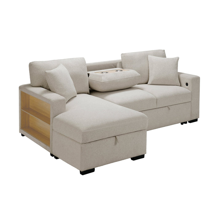 Pompano Sleeper Sectional with Left Chaise, Pull - Out Bed, Storage &amp; USB Charging – Beige Sleeper Sofa modern furniture Contempo Furniture