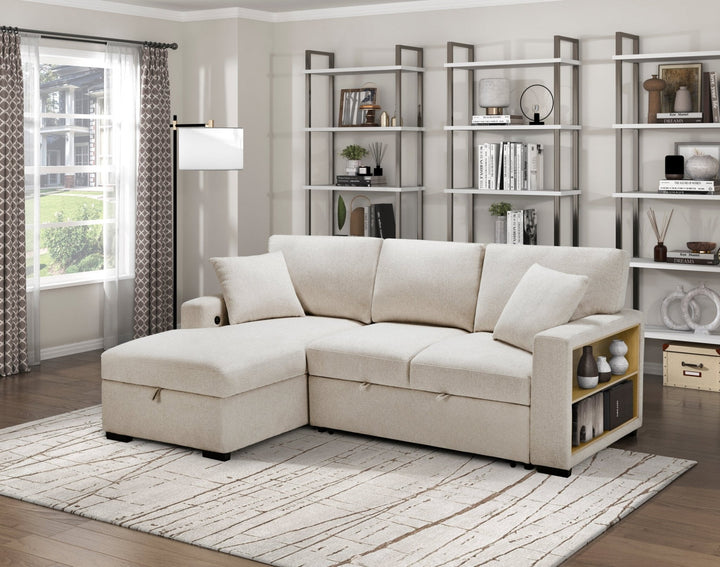 Pompano Sleeper Sectional with Left Chaise, Pull - Out Bed, Storage &amp; USB Charging – Beige Sleeper Sofa modern furniture Contempo Furniture
