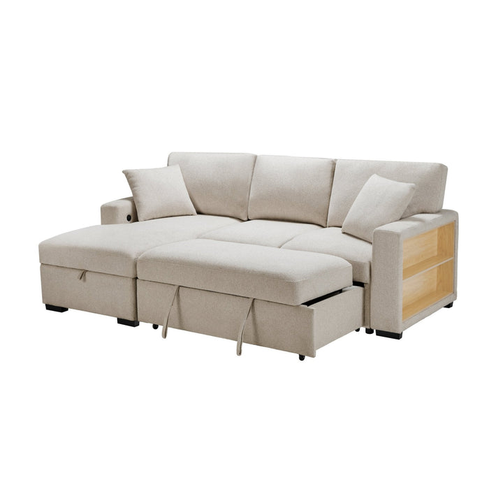 Pompano Sleeper Sectional with Left Chaise, Pull - Out Bed, Storage &amp; USB Charging – Beige Sleeper Sofa modern furniture Contempo Furniture
