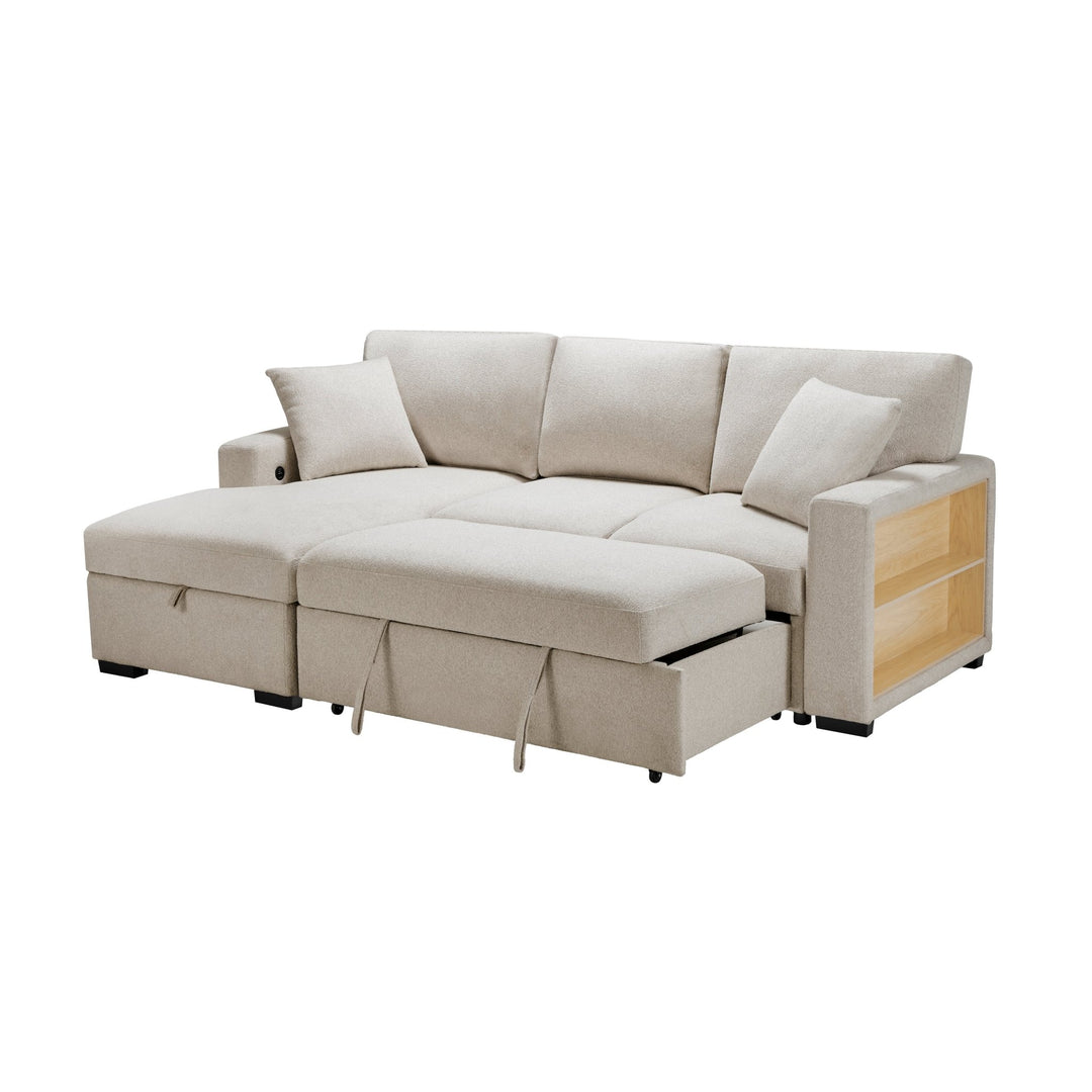 Pompano Sleeper Sectional with Left Chaise, Pull - Out Bed, Storage & USB Charging – Beige Sleeper Sofa modern furniture Contempo Furniture
