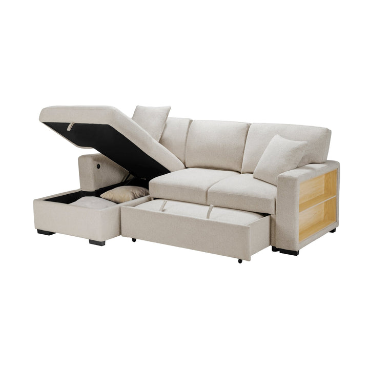Pompano Sleeper Sectional with Left Chaise, Pull - Out Bed, Storage &amp; USB Charging – Beige Sleeper Sofa modern furniture Contempo Furniture