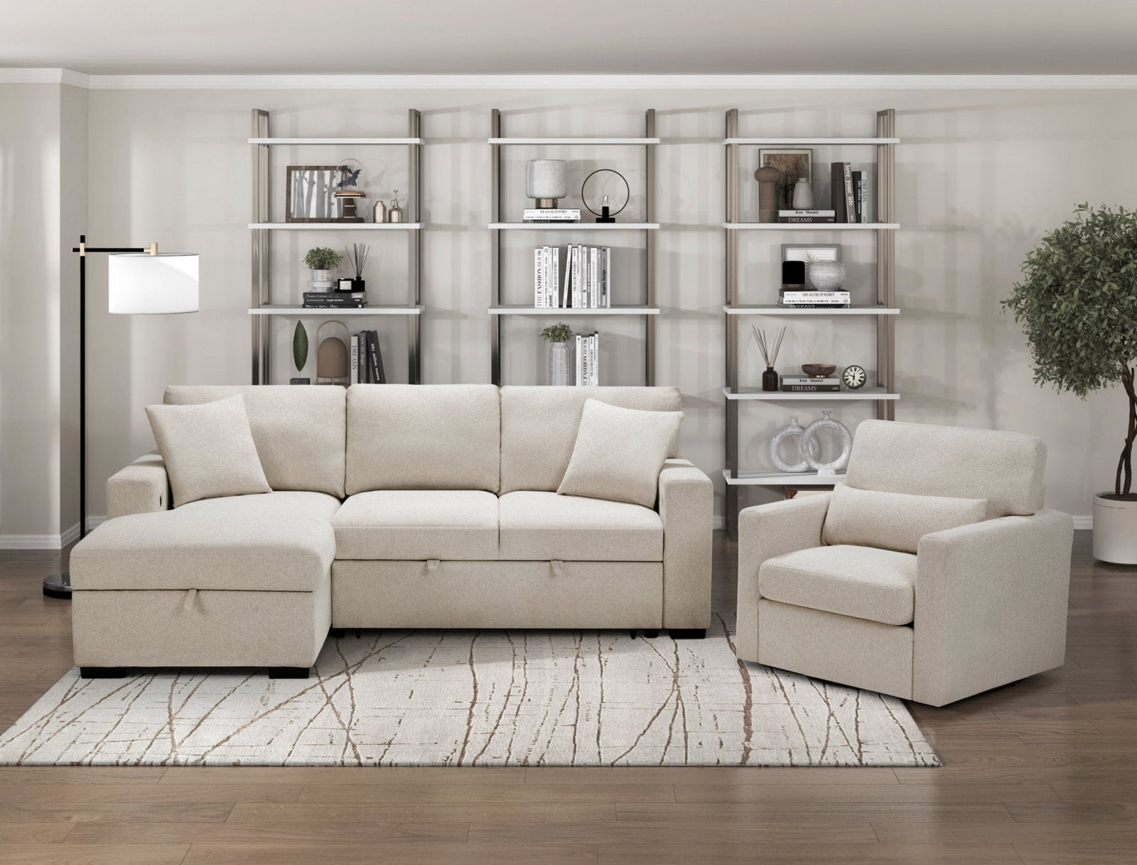 Pompano Sleeper Sectional with Left Chaise, Pull - Out Bed, Storage & USB Charging – Beige Sleeper Sofa modern furniture Contempo Furniture