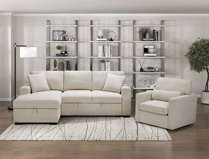 Pompano Sleeper Sectional with Left Chaise, Pull - Out Bed, Storage &amp; USB Charging – Beige Sleeper Sofa modern furniture Contempo Furniture