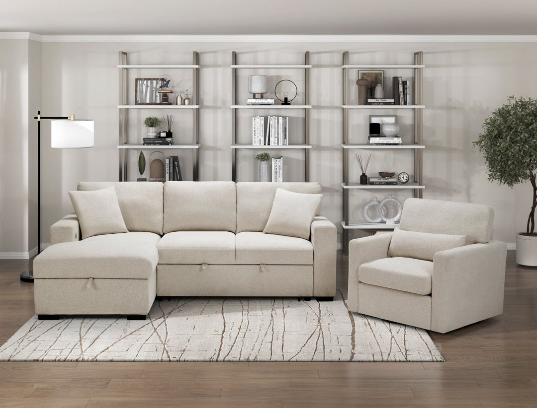 Pompano Sleeper Sectional with Left Chaise, Pull - Out Bed, Storage & USB Charging – Beige Sleeper Sofa modern furniture Contempo Furniture