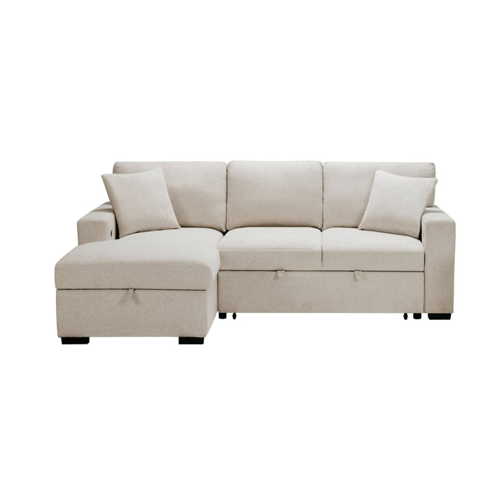 Pompano Sleeper Sectional with Left Chaise, Pull - Out Bed, Storage &amp; USB Charging – Beige Sleeper Sofa modern furniture Contempo Furniture