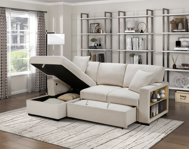 Pompano Sleeper Sectional with Left Chaise, Pull - Out Bed, Storage &amp; USB Charging – Beige Sleeper Sofa modern furniture Contempo Furniture
