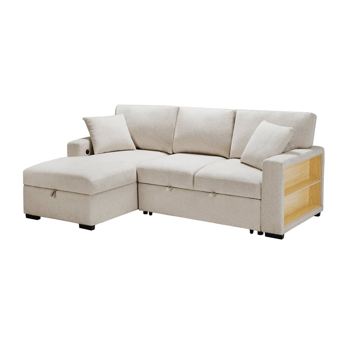 Pompano Sleeper Sectional with Left Chaise, Pull - Out Bed, Storage &amp; USB Charging – Beige Sleeper Sofa modern furniture Contempo Furniture