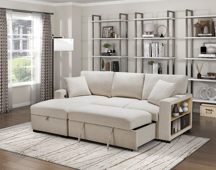 Pompano Sleeper Sectional with Left Chaise, Pull - Out Bed, Storage &amp; USB Charging – Beige Sleeper Sofa modern furniture Contempo Furniture