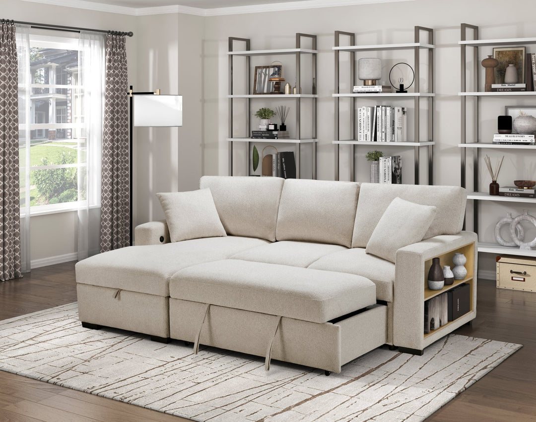 Pompano Sleeper Sectional with Left Chaise, Pull - Out Bed, Storage & USB Charging – Beige Sleeper Sofa modern furniture Contempo Furniture