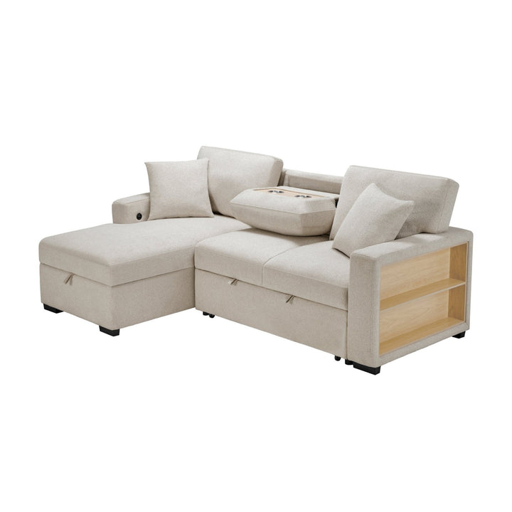 Pompano Sleeper Sectional with Left Chaise, Pull - Out Bed, Storage &amp; USB Charging – Beige Sleeper Sofa modern furniture Contempo Furniture