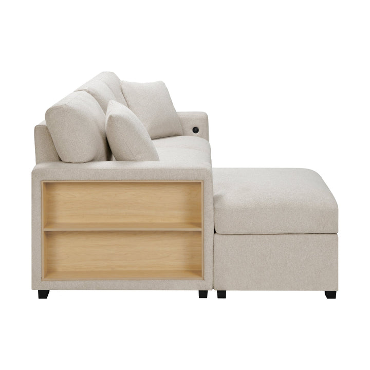 Pompano Sleeper Sectional with Left Chaise, Pull - Out Bed, Storage &amp; USB Charging – Beige Sleeper Sofa modern furniture Contempo Furniture