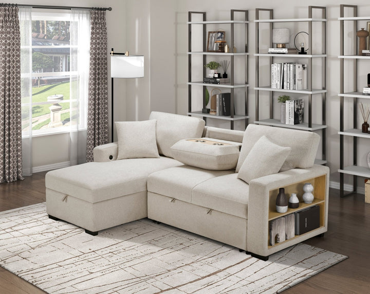 Pompano Sleeper Sectional with Left Chaise, Pull - Out Bed, Storage &amp; USB Charging – Beige Sleeper Sofa modern furniture Contempo Furniture