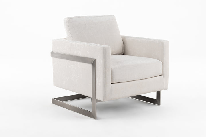Prince - Contemporary Off White Fabric  Silver Accent Chair