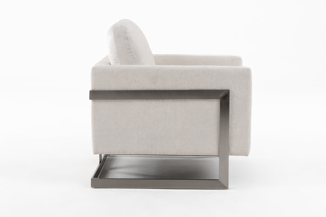Prince - Contemporary Off White Fabric  Silver Accent Chair