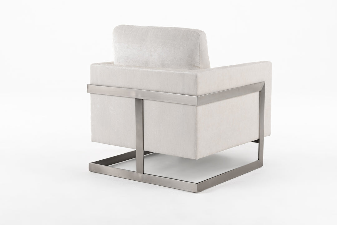 Prince - Contemporary Off White Fabric  Silver Accent Chair