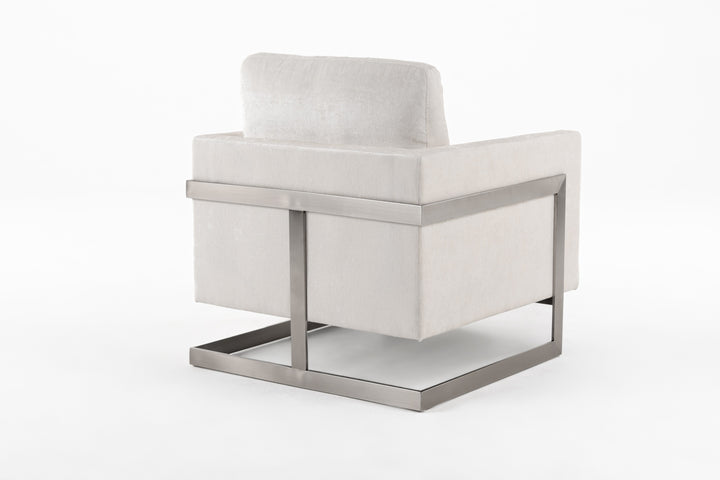 Prince - Contemporary Off White Fabric  Silver Accent Chair