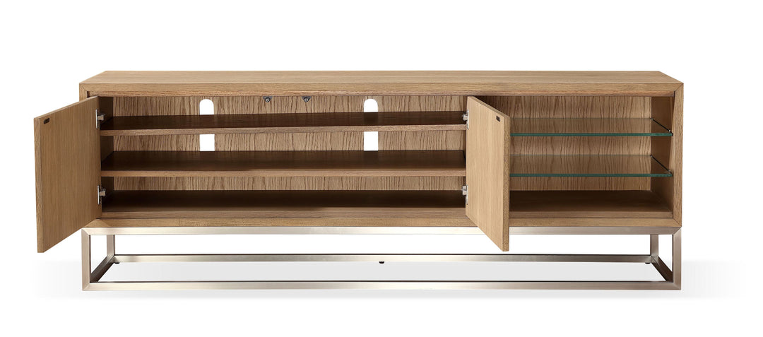 Modus Furniture Jvlh263 One Coastal Modern 74 Inch Tv Console In Brushed Stainless Steel And Bisque