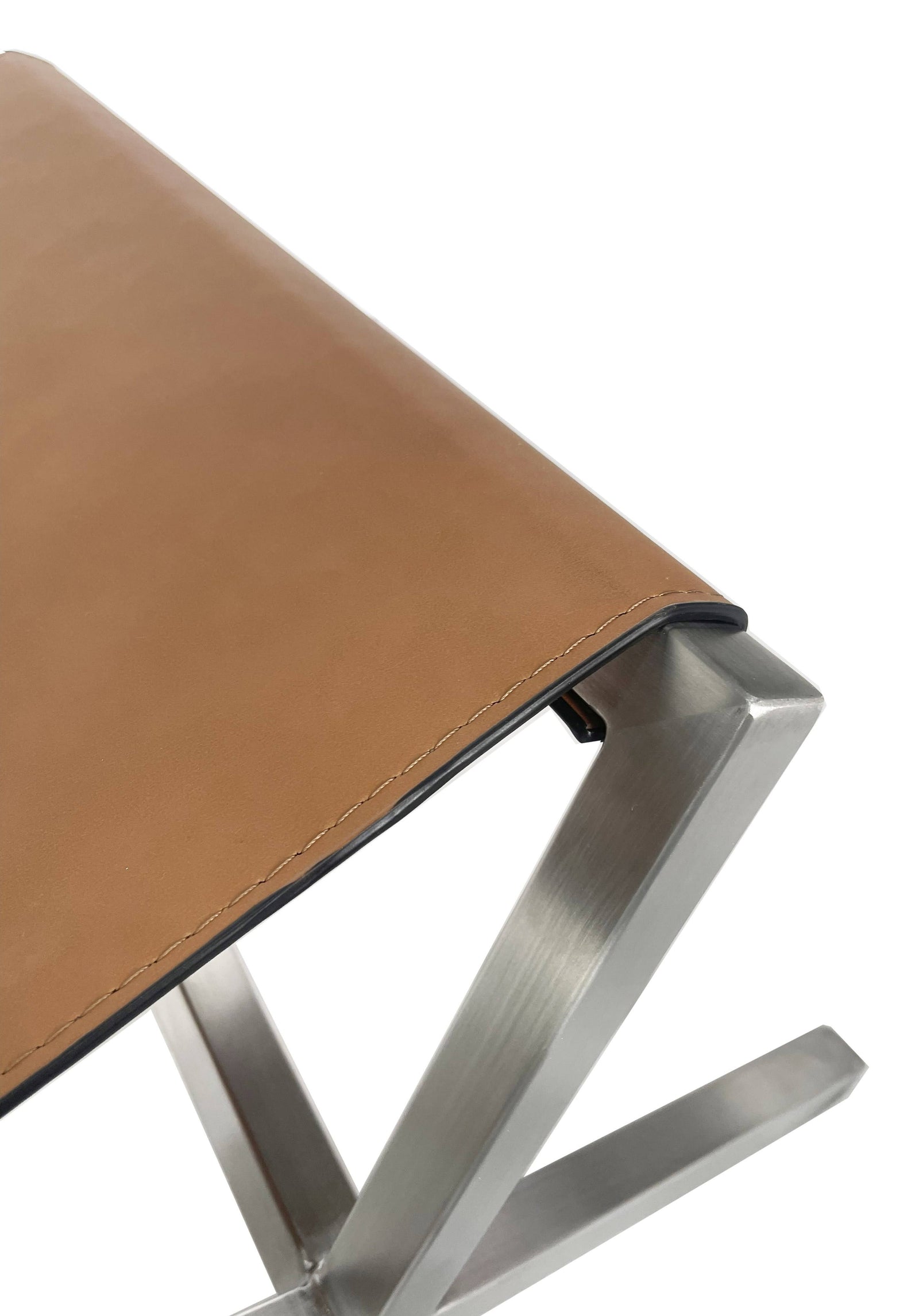 one-modern-coastal-directors-style-leather-dining-bench-in-cognac-and-brushed-stainless-steel