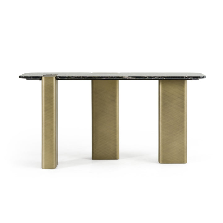 Quest - Modern Black Rose Marble + Antique Brass Console Table
