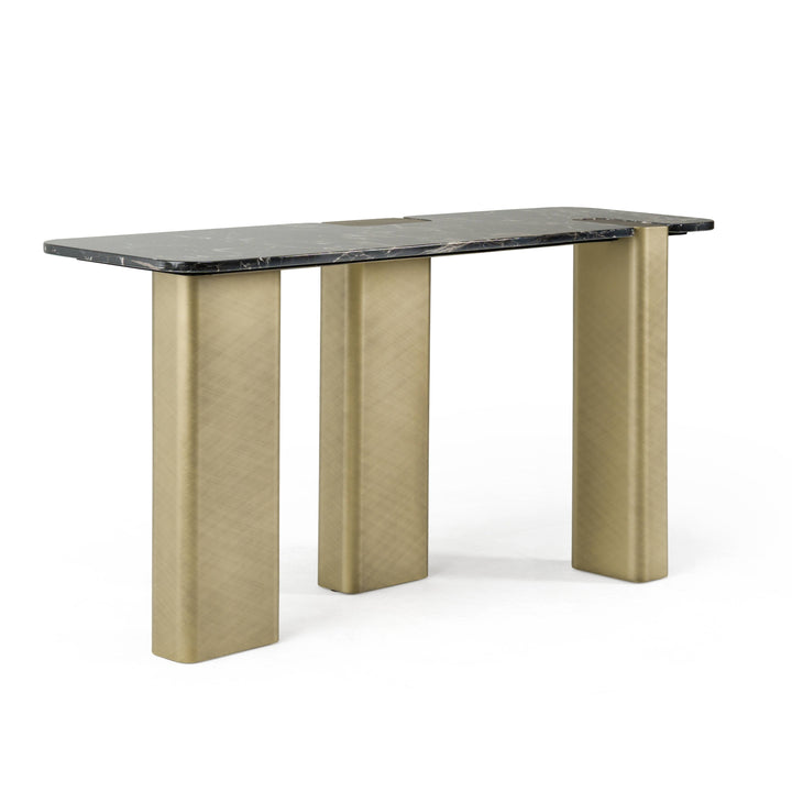 Quest - Modern Black Rose Marble + Antique Brass Console Table